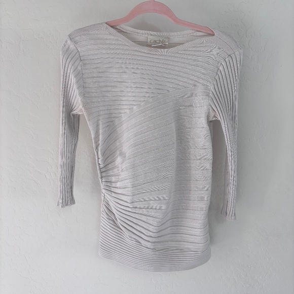 Cache Boatneck Sweater in Cream with Tonal Asymmetric Stripes. Size L. - Picture 1 of 4